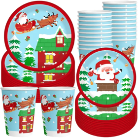 Christmas Paper Plates And Cups Set Decorations For 10 Guests Santa Claus Elk Pattern Plates And Cups (Option: 10pcs)